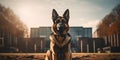 A faithful German Shepherd standing guard outdoors supported by advanced technology. Concept Animal Photography, Technology in Royalty Free Stock Photo