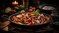 Fajita with beef and colorful bell peppers, served in skillet with tortillas. On dark background. Traditional Mexican Royalty Free Stock Photo