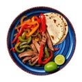 Fajitas On A Blue Abstraction Round Plate On Isolated Transparent Background Mexican Food. Generative AI Royalty Free Stock Photo