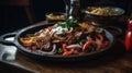 Fajitas with peppers, onions, and tender strips of beef