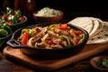 fajitas in a sizzling iron skillet on a wooden board