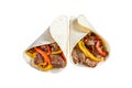 Fajitas Tortilla wrap with beef meat stripes, colored bell pepper and onions and salsa. Isolated on white background.