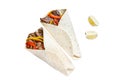 Fajitas Tortilla wrap with beef meat stripes, colored bell pepper and onions and salsa. Isolated on white background