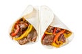 Fajitas Tortilla wrap with beef meat stripes, colored bell pepper and onions and salsa. Isolated on white background