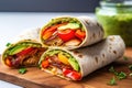 fajitas in a tortilla wrap with guacamole spread