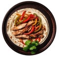 Fajitas On A White Ornate Round Smooth Plate On Isolated Transparent Background Mexican Food. Generative AI Royalty Free Stock Photo