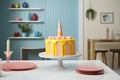 A fake bright cake on a stand stands on a white table. The concept of decorating the interior with food-like objects Royalty Free Stock Photo