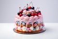 Fake cake with multi-colored decor with red cherries on a white background