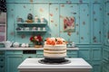 A fake cake stands in the center of a retro-designed kitchen