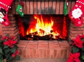 A fake fireplace is a Christmas decoration. Christmas socks, poinsettia. And the burning fire on the plasma screen is like a real Royalty Free Stock Photo