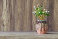 Fake flowers in a vase placed on a table on a wooden table with copy space for design wood grain vintage background Royalty Free Stock Photo