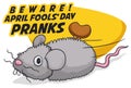 Fake Mouse with Mainspring for Funny Pranks in Fools` Day, Vector Illustration