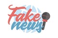 Fake news banner with microphone and globe on white background. Royalty Free Stock Photo