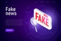 Fake News broadcast illustration concept, isometric text bubble with fake word. Royalty Free Stock Photo