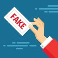 Fake news concept banner. Human hand and paper card with message of false information. Flat style design. Vector illustration. Royalty Free Stock Photo