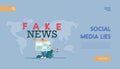 Fake News Concept for Landing Page Template. Man Character Reading Newspaper on World Map Background Royalty Free Stock Photo