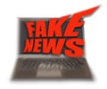 Fake news, false information, hoax, disinformation, and propaganda concept. Twisted red letters coming out from a notebook compute Royalty Free Stock Photo