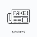 Fake news flat line icon. Vector outline illustration of rumor newspaper. Media misinformation thin linear pictogram