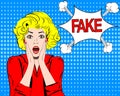 Fake news, HOAX concept. Young blonde woman shocked and surprised. pop art illustration.