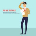 Fake news and information fabrication concept flat vector illustration of young shocked man with open mouth making hands gesture
