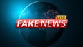 Fake news live and abstract planet earth. Red glossy banner with text. Space and stars. High tech. Vector