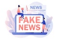 Fake news metaphors. Tiny people read online newspaper. Mass media, hot online information, propaganda newscast. Modern