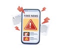 Fake news on phone 3D vector illustration. Cartoon disinformation concept, fake facts in social media with megaphone Royalty Free Stock Photo