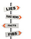 Fake news signposts, lies, disinformation, misinformation concept. Signs isolated on white background.