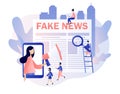 Fake news. Tiny people read newspaper and watching news in mobile app. Mass media, hot online information, propaganda Royalty Free Stock Photo