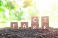 Fake news versus facts concept. Hand changing fake wooden blocks to word fact in natural background. Royalty Free Stock Photo