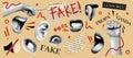 Fake news. Vintage paper collage. Retro halftone. Newspaper mouth and hand fist torn pieces. Censored sticker. Ear or