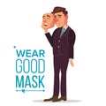 Fake Person Vector. Bad, Tired Man. Deceive Concept. Businessman Wear Smile Mask. Isolated Flat Cartoon Character