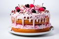 Fake pink and white cake with red cherries on white background