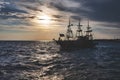 Fake pirate cruise ship for tourists during sunset in the harbour in Thessaloniki