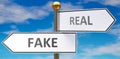 Fake and real as different choices in life - pictured as words Fake, real on road signs pointing at opposite ways to show that