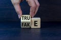 Fake or true symbol. Businessman flips a wooden cube and changes the word `fake` to `true` or vice versa. Beautiful grey Royalty Free Stock Photo