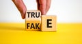 Fake or true symbol. Businessman flips a wooden cube and changes the word `fake` to `true` or vice versa. Beautiful yellow tab Royalty Free Stock Photo