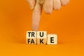 Fake or true symbol. Turned wooden cubes and changed the word fake to true or vice versa. Beautiful orange table, orange Royalty Free Stock Photo