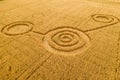 Fake UFO circles on grain crop yellow field, aerial view from drone. Round geometry shape symbols as alien signs Royalty Free Stock Photo
