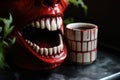 fake vampire teeth next to a pot of red sfx makeup Royalty Free Stock Photo