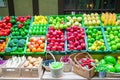 Fake vegetables and fruits on shelves