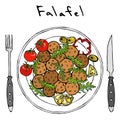Falafel, Arugula Herb Leaves, Lemon, Tomato on Plate, Fork, Knife. Middle Eastern. Arabic Israel Vegetarian Healthy Fast Food.
