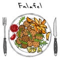 Falafel, Arugula Herb Leaves, Lemon, Tomato, Potato Wedges on Plate, Fork, Knife. Arabic Israel Vegetarian Healthy Fast Food. Jewi