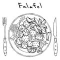Falafel, Arugula Herb Leaves, Lemon, Tomato, Potato Wedges on Plate, Fork, Knife. Arabic Israel Vegetarian Healthy Fast Food. Jewi
