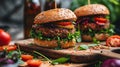 Falafel burger with addition of fresh radish, onion, dill and Iceberg lettuce on a wooden rustic table. Healthy and delicious Royalty Free Stock Photo