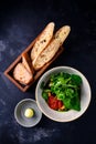 Falafel and fresh vegetables salad on dark background. Vegetarian, diet food concept. Royalty Free Stock Photo