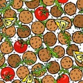 Falafel and Sesame Seeds, Lemon, Tomato, Arugula Seamless Endless Background. Arabic Israel Vegetarian Healthy Fast Food. Jewish S