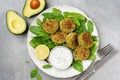 Falafel with spinach served with greek yogurt tzatziki sauce