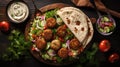 Falafel top-down view, A Middle Eastern delight, crispy chickpea patties served on pita bread with veggies and tahini sauce,