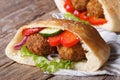 Falafel with vegetables in pita bread closeup horizontal